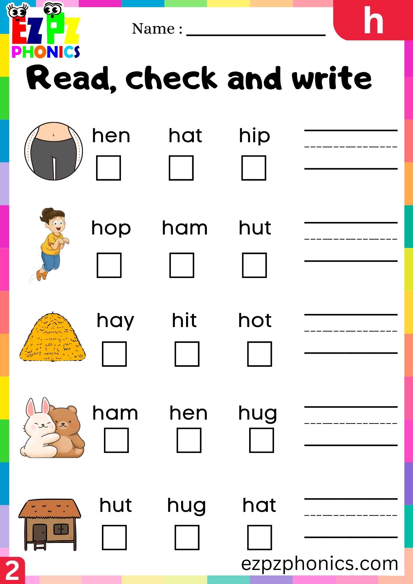 Group2 Letter H Read, Check And Write Beginning Sounds Worksheet